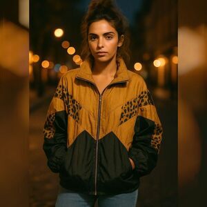 Vtg Y2K Kiks Womens 2X Gold Black Cheetah Windbreaker Jacket Pockets Lightweight